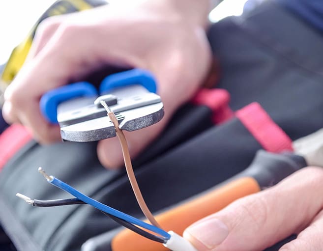 A person is holding wires and a pair of pliers.